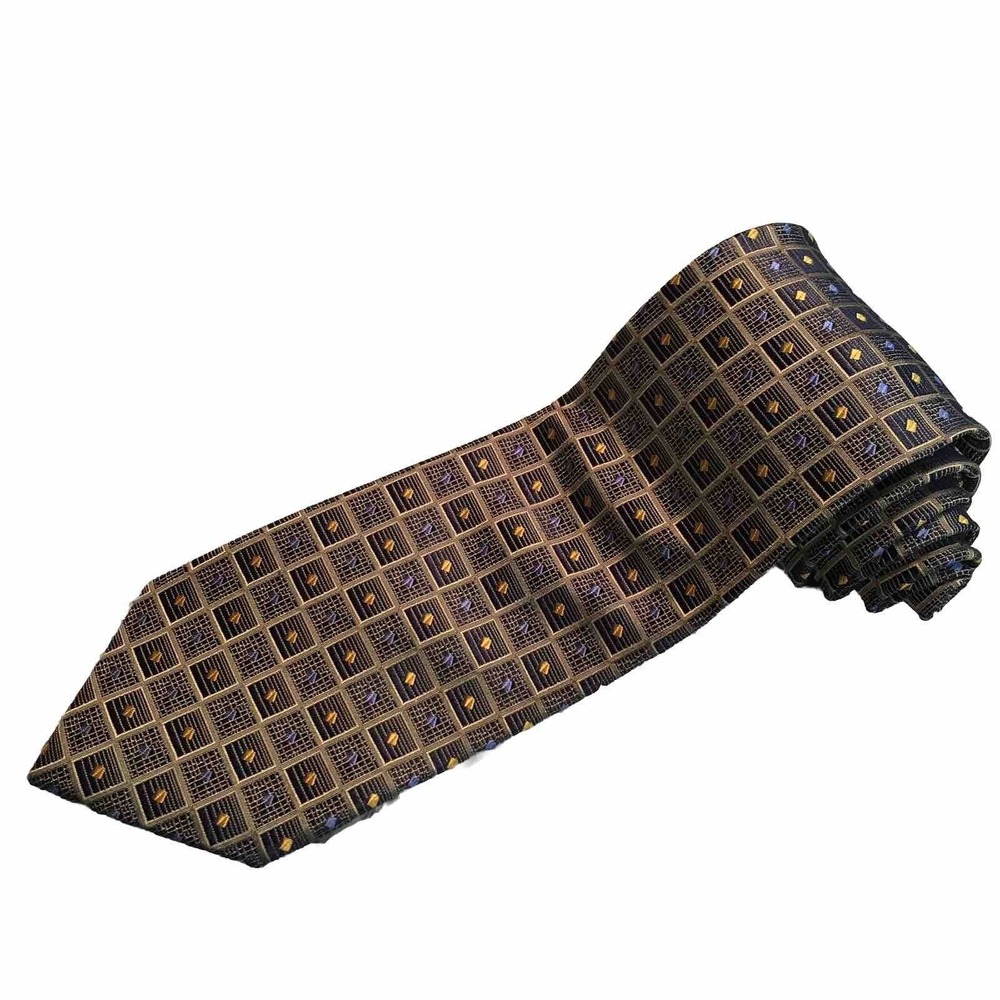 Foulard Mens 100% Silk Necktie Navy Royal Blue Gold Pattern Handsewn Classic NEW